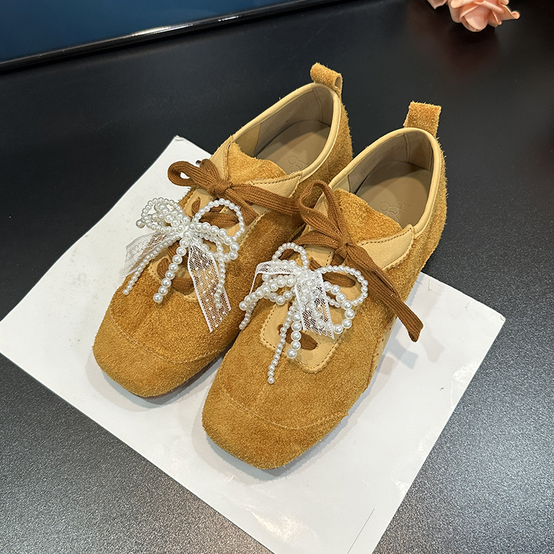 Square-Toed Cowhide Women's Shoes - 2025 Spring Lace-Up Suede Loafers with Pearl Bow - European Style Casual Footwear