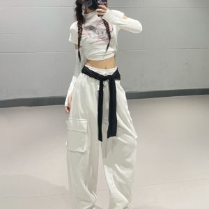 Straight-Leg Tapered Dance Pants for Girls, Casual White Sportswear, Trendy Korean Style Outfit, Perfect for Work and Play