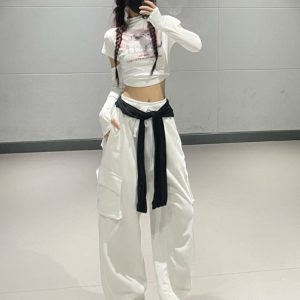Straight-Leg Tapered Dance Pants for Girls, Casual White Sportswear, Trendy Korean Style Outfit, Perfect for Work and Play