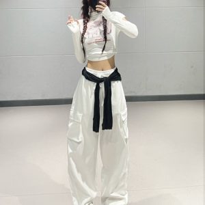 Straight-Leg Tapered Dance Pants for Girls, Casual White Sportswear, Trendy Korean Style Outfit, Perfect for Work and Play