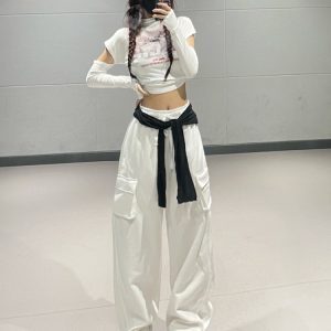 Straight-Leg Tapered Dance Pants for Girls, Casual White Sportswear, Trendy Korean Style Outfit, Perfect for Work and Play