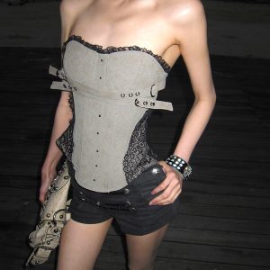 Strapless Lace Spliced Fishbone Corset Slim Fit Vest Top for Women - Advanced Design, Chic Style