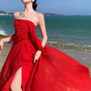 Strapless Long Vintage Red Dress with French Victorian Design, Perfect for Seaside Resorts and Desert Getaways