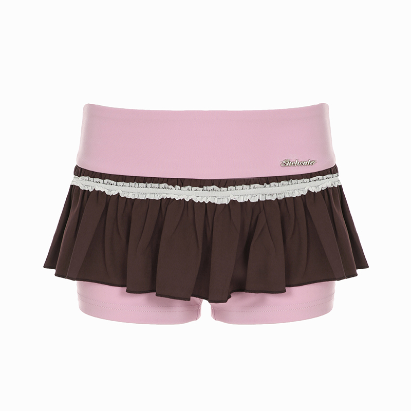 Strawberry Chocolate Color Block Lace Spliced Low Waist Hot Girl Casual Shorts - Trendy Y2K Sportswear for Summer