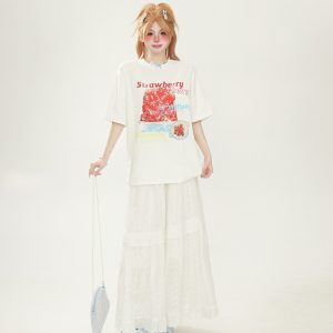 Strawberry Print Round Neck Short Sleeve Women's T-Shirt - 2025 Summer Loose White Top in Trendy Y2K Style