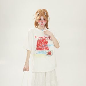 Strawberry Print Round Neck Short Sleeve Women's T-Shirt - 2025 Summer Loose White Top in Trendy Y2K Style