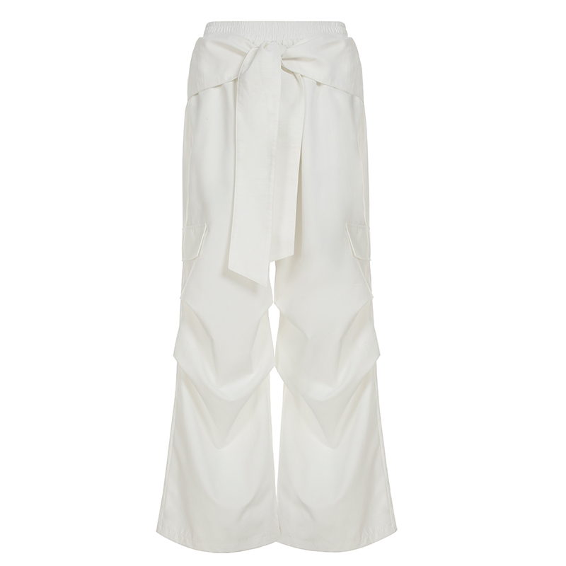 Street Style Hot Girl White Cargo Pants – Loose Fit, Slimming Pleated, Wide Leg, Elastic Waist, Trendy Y2K Fashion