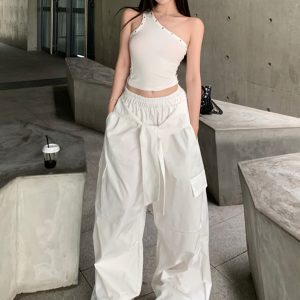 Street Style Hot Girl White Cargo Pants – Loose Fit, Slimming Pleated, Wide Leg, Elastic Waist, Trendy Y2K Fashion