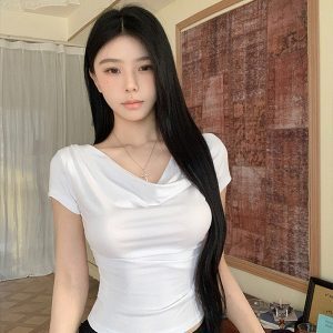 Stretchy Slim-Fit Cropped Short-Sleeve T-Shirt for K-Pop Dance - Sexy Jazz Top for Trendy Korean Style