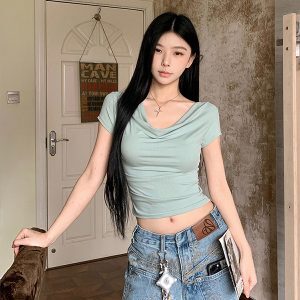Stretchy Slim-Fit Cropped Short-Sleeve T-Shirt for K-Pop Dance - Sexy Jazz Top for Trendy Korean Style