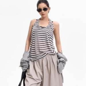 Striped Halter Sleeveless Off-Shoulder Tank Top for Women - Summer Casual Slimming Versatile Korean Style Fashion