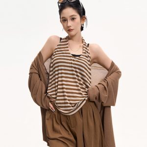 Striped Halter Sleeveless Off-Shoulder Tank Top for Women - Summer Casual Slimming Versatile Korean Style Fashion