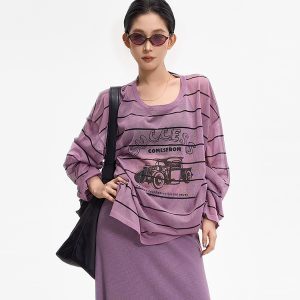 Striped Semi-Sheer Knitted Top for Women - Round Neck Loose Blouse - Summer Korean Lazy Style Sun Protection Cover-Up