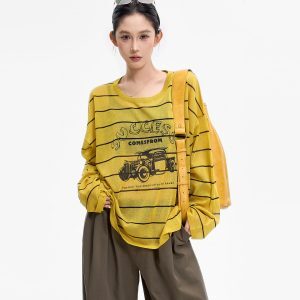 Striped Semi-Sheer Knitted Top for Women - Round Neck Loose Blouse - Summer Korean Lazy Style Sun Protection Cover-Up