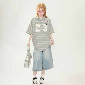 Striped Short Sleeve T-Shirt with Patch Embroidery - Japanese-Style Chic for Women and Men, Summer Loose Fit Couple Top