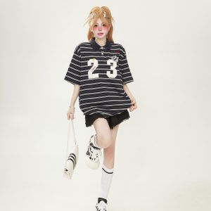 Striped Short Sleeve T-Shirt with Patch Embroidery - Japanese-Style Chic for Women and Men, Summer Loose Fit Couple Top
