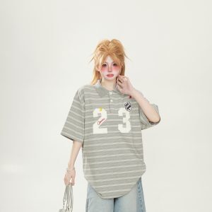Striped Short Sleeve T-Shirt with Patch Embroidery - Japanese-Style Chic for Women and Men, Summer Loose Fit Couple Top