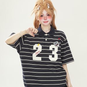 Striped Short Sleeve T-Shirt with Patch Embroidery - Japanese-Style Chic for Women and Men, Summer Loose Fit Couple Top