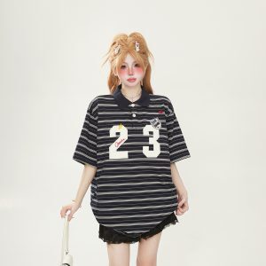 Striped Short Sleeve T-Shirt with Patch Embroidery - Japanese-Style Chic for Women and Men, Summer Loose Fit Couple Top