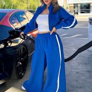 Striped Spliced Zipper Cardigan with Long Sleeve Top & High-Waisted Flared Pants Two-Piece Set - European American INS Style