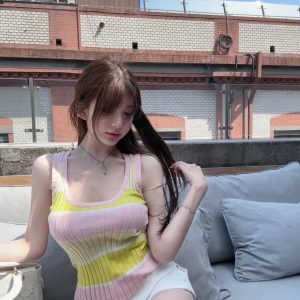 Striped Yellow Powder Stretch Slimming Tank Top - Energetic Casual Style for Summer, 90s Inspired Fashion