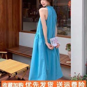 Stunning Blue Sleeveless Halter Dress for Women - Summer 2025 Relaxed Vacation Long Skirt, Fairy Style, Perfect for Y2K Aesthetic
