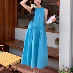 Stunning Blue Sleeveless Halter Dress for Women - Summer 2025 Relaxed Vacation Long Skirt, Fairy Style, Perfect for Y2K Aesthetic