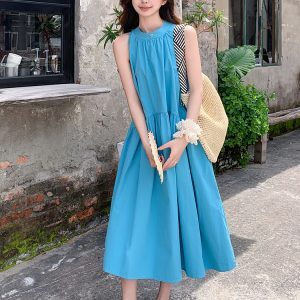 Stunning Blue Sleeveless Halter Dress for Women - Summer 2025 Relaxed Vacation Long Skirt, Fairy Style, Perfect for Y2K Aesthetic
