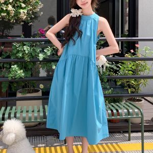Stunning Blue Sleeveless Halter Dress for Women - Summer 2025 Relaxed Vacation Long Skirt, Fairy Style, Perfect for Y2K Aesthetic
