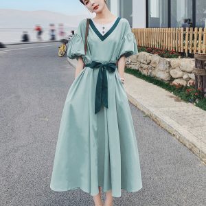 Stunning Green Bubble Sleeve Dress for Women, Summer 2025, High-End Feel, Youthful Temperament, Long One-Piece Dress