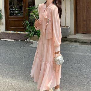 Stunning Korean Style Vest and Pink Dress Set for Women - Trendy Spring Autumn 2025 OOTD with Long Skirt