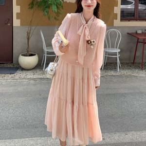 Stunning Korean Style Vest and Pink Dress Set for Women - Trendy Spring Autumn 2025 OOTD with Long Skirt