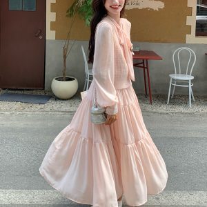 Stunning Korean Style Vest and Pink Dress Set for Women - Trendy Spring Autumn 2025 OOTD with Long Skirt