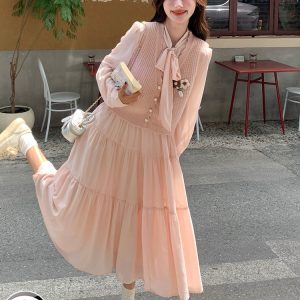 Stunning Korean Style Vest and Pink Dress Set for Women - Trendy Spring Autumn 2025 OOTD with Long Skirt