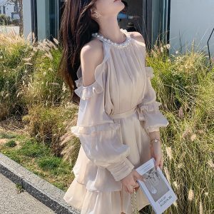 Stunning Off-Shoulder Halter Dress for Women - Trendy French Style Mini Dress for Spring/Summer 2025, Perfect for Vacations