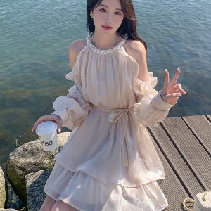 Stunning Off-Shoulder Halter Dress for Women - Trendy French Style Mini Dress for Spring/Summer 2025, Perfect for Vacations