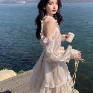 Stunning Off-Shoulder Halter Dress for Women - Trendy French Style Mini Dress for Spring/Summer 2025, Perfect for Vacations
