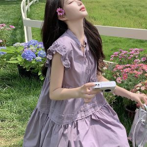 Stunning Purple Summer Dress 2025 - Short Sleeve Girl Doll Dress with Unique Design, Perfect for Y2K and Trendy Styles