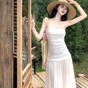 Stunning Strapless Sequin Long Dress for Women - High-End Floor-Length Evening Gown for Summer Beach Vacation Socialite Style