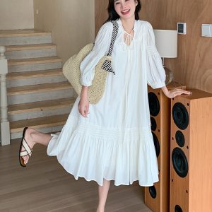 Stunning White Three-Quarter Sleeve Dress for Women - Relaxed Fit Long Skirt, Perfect for Summer 2025 Vacation & Fairy Style