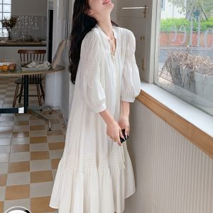Stunning White Three-Quarter Sleeve Dress for Women - Relaxed Fit Long Skirt, Perfect for Summer 2025 Vacation & Fairy Style