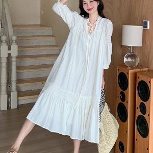 Stunning White Three-Quarter Sleeve Dress for Women - Relaxed Fit Long Skirt, Perfect for Summer 2025 Vacation & Fairy Style