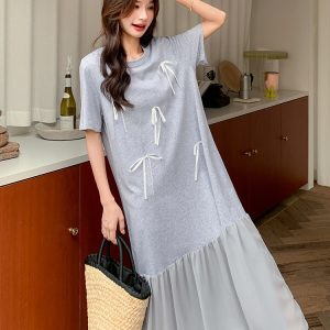Stylish Gray T-Shirt Dress for Women, Summer 2025, Relaxed Fit with Mermaid Ankle-Length Skirt, Trendy and Chic Fashion.