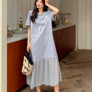 Stylish Gray T-Shirt Dress for Women, Summer 2025, Relaxed Fit with Mermaid Ankle-Length Skirt, Trendy and Chic Fashion.