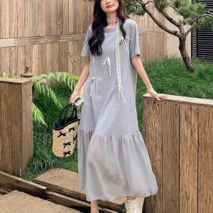 Stylish Gray T-Shirt Dress for Women, Summer 2025, Relaxed Fit with Mermaid Ankle-Length Skirt, Trendy and Chic Fashion.