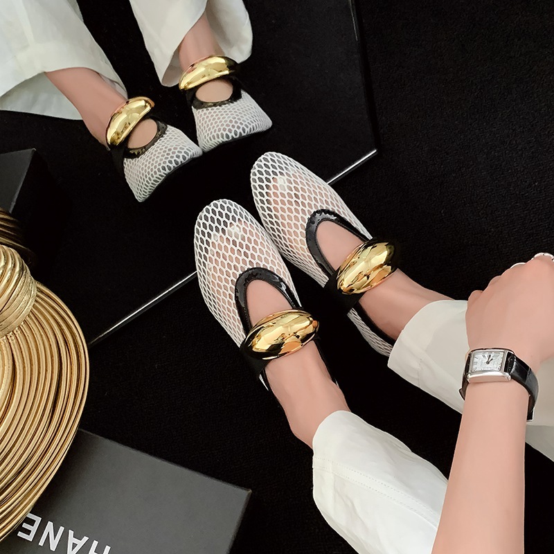 Stylish Metallic Hollow Fishnet Mary Jane Flat Shoes for Women - Comfortable Ballet Dance Shoes, European American Fashion