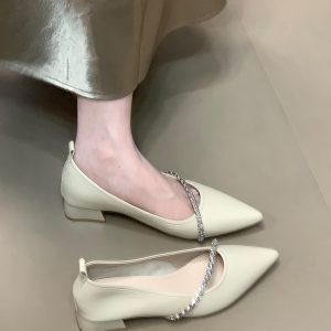 Stylish Ocean One Pointed Toe Chunky Low Heel Rhinestone Strap Shallow Mouth Women's Shoes - 2025 French Style Evening Commuting Footwear