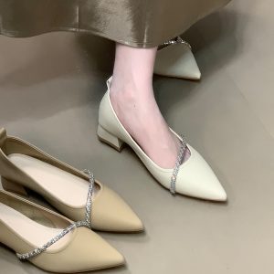 Stylish Ocean One Pointed Toe Chunky Low Heel Rhinestone Strap Shallow Mouth Women's Shoes - 2025 French Style Evening Commuting Footwear