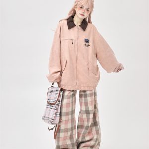 Stylish Pink Zip-Up Jacket for Women - American Retro High-End Pilot Jacket with Unique Design for Spring and Autumn Fashion