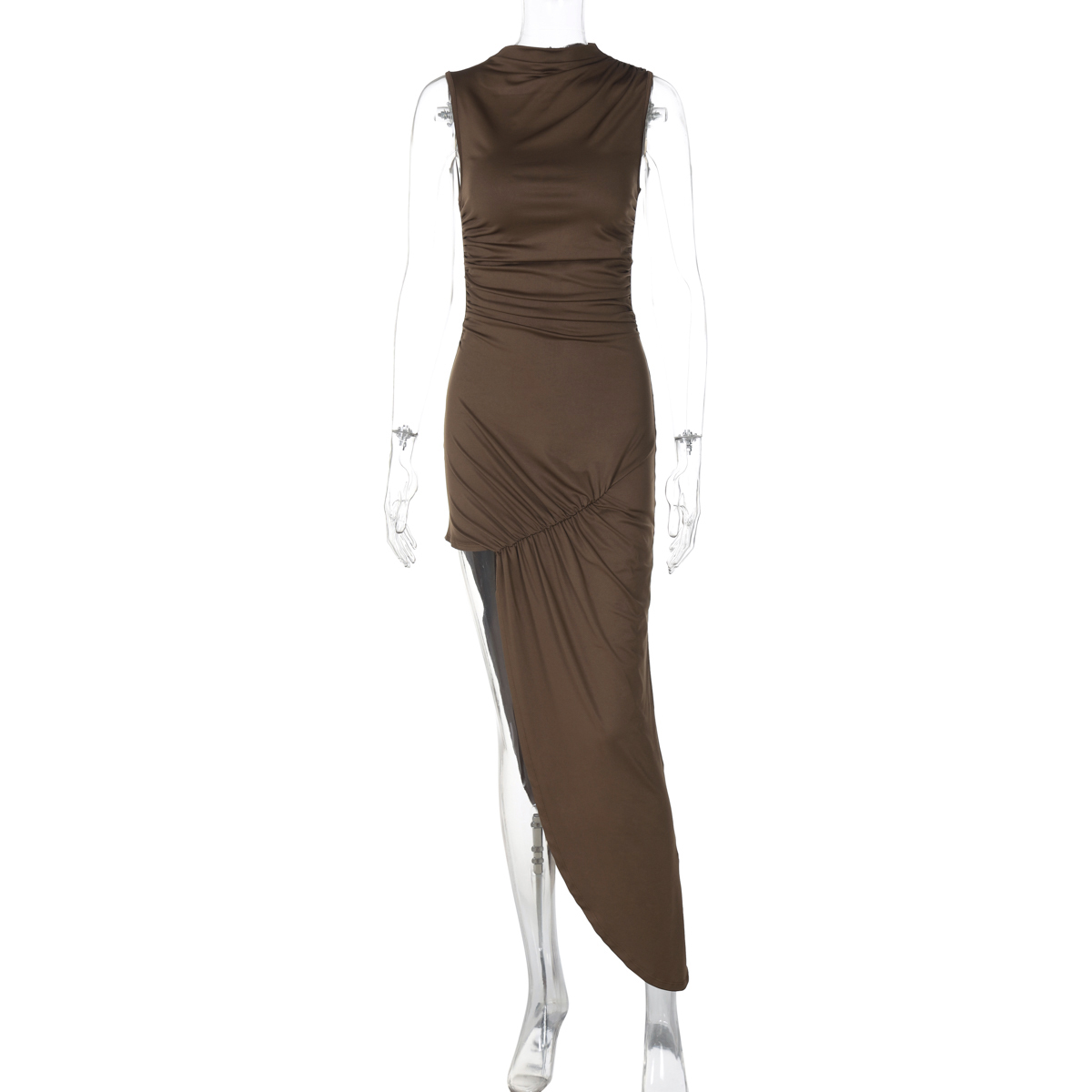 Stylish Slim-Fit Sleeveless Round Neck Dress for Women, Asymmetrical Hem Bodycon Long Skirt, European American Fashion